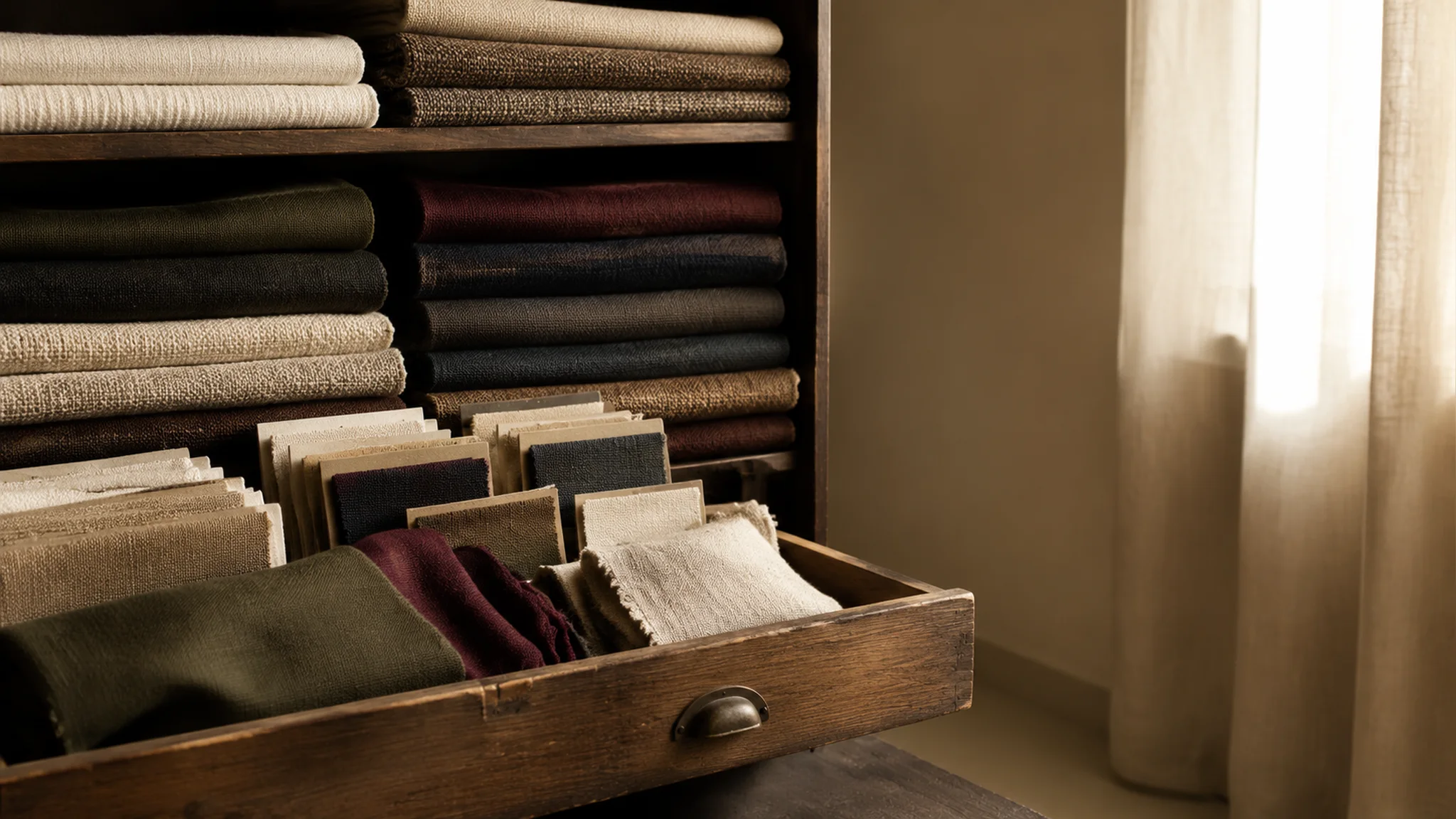 Editorial textile archive in warm window light