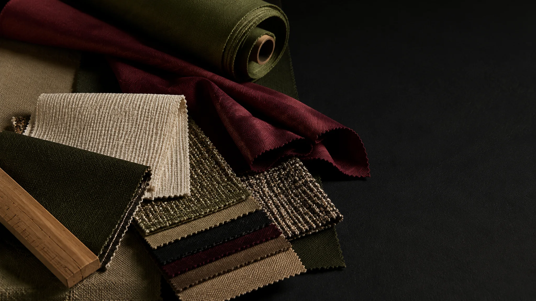 Material samples and fabric rolls arranged for a sourcing brief