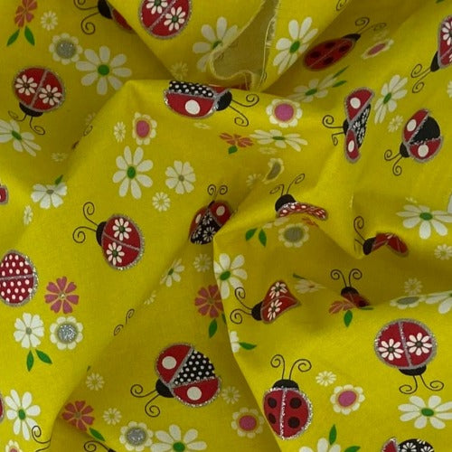 Yellow/ Silver | Lady Bug Children Metallic Print - SKU 6825 #U164 - printed cotton fabrics fabric by LongLing