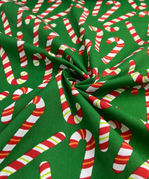 Candy Canes - Green - Polyester/Cotton Christmas Print Shirting | SKU 8041 - printed cotton fabrics fabric by LongLing