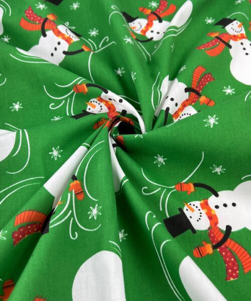 Snowman - Green - Polyester/Cotton Christmas Print Shirting | SKU 8041 - printed cotton fabrics fabric by LongLing