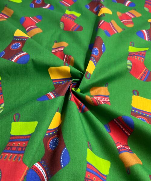 Stockings - Green - Polyester/Cotton Christmas Print Shirting | SKU 8041 - printed cotton fabrics fabric by LongLing
