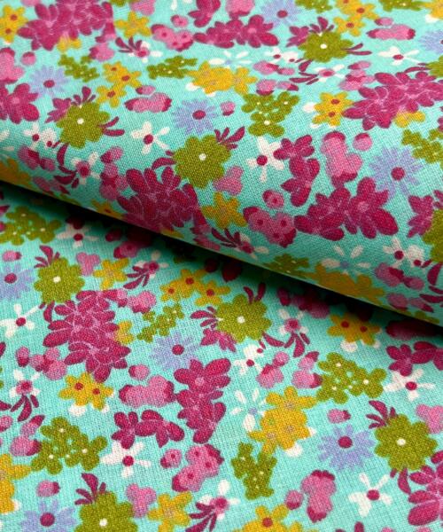 Aqua & Fushia Ditsy Floral Poly/Cotton Woven Print - Pre-Cut Project Pieces - printed cotton fabrics fabric by LongLing
