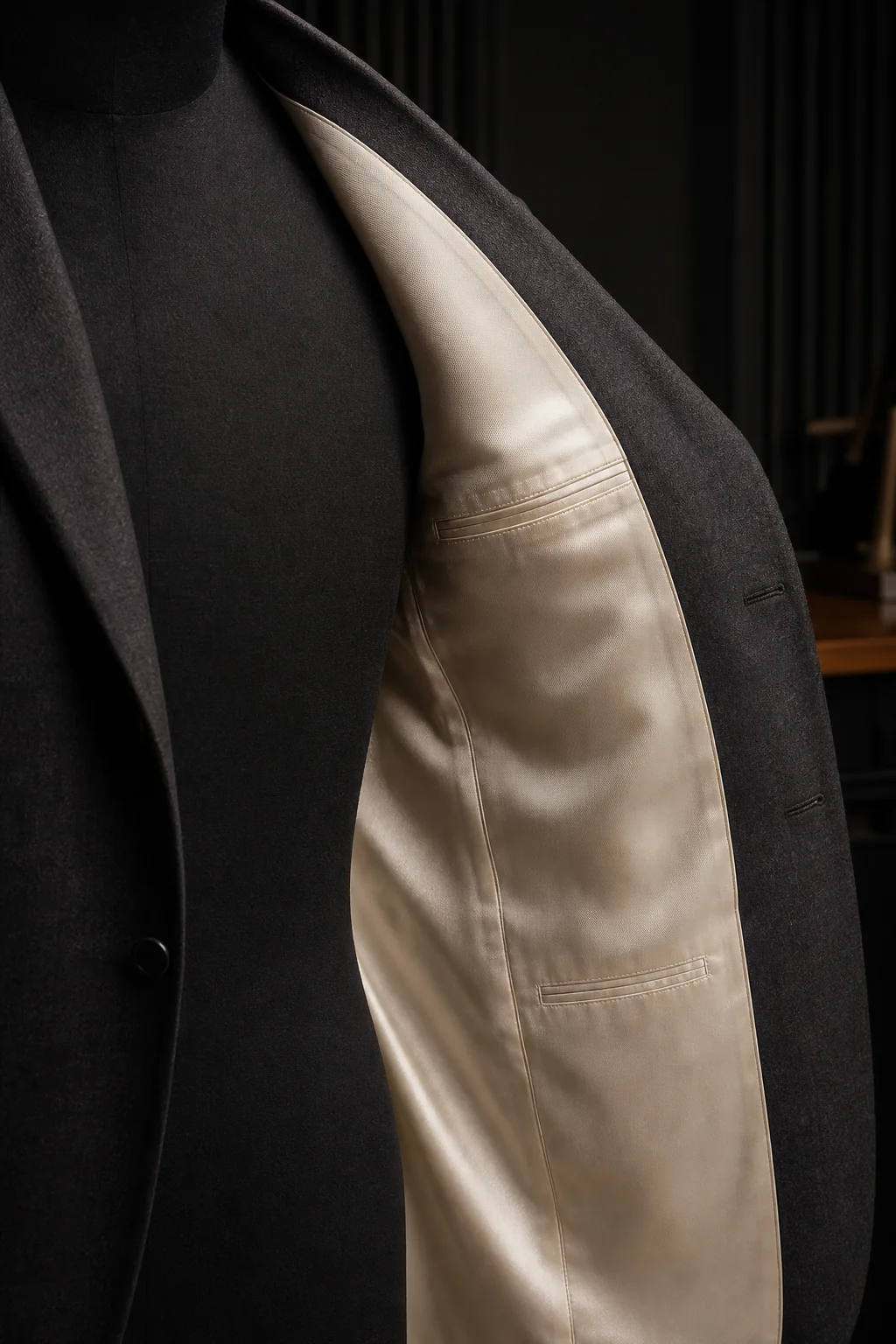 Charcoal suit jacket with premium ivory lining