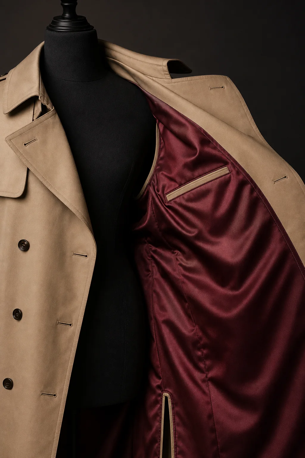 Beige trench coat with premium burgundy lining